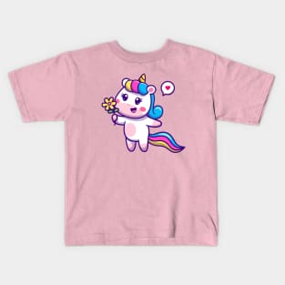 Cute Unicorn Holding Flower Cartoon Kids T-Shirt